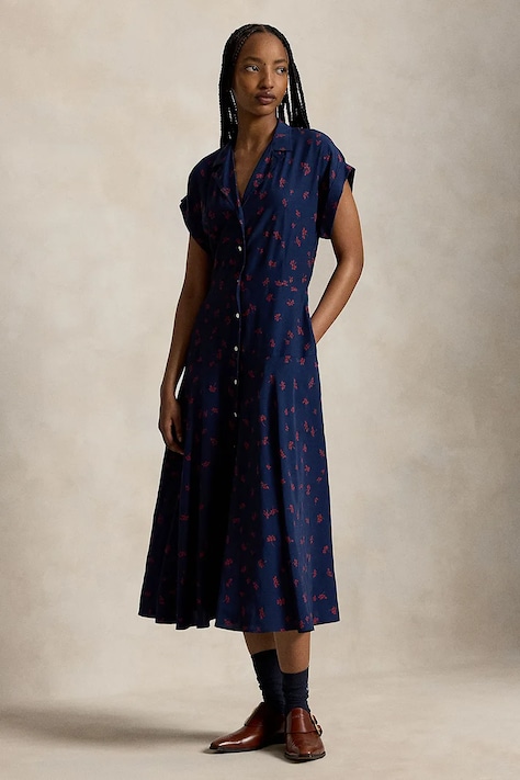 Polo Ralph Lauren sukienka rozkloszowana z wiskozy granatowa w kwiaty 211B22769