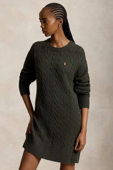 Polo Ralph Lauren Sukienka sweterkowa wełniana zielona gładka 211B17446