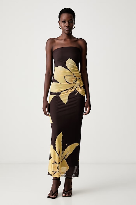 Bardot sukienka drapowana CIERA brązowa w kwiaty 60502DB