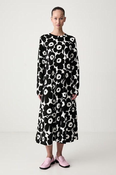 Marimekko Φόρεμα flared βαμβακερό μαύρο φλοράλ 096331