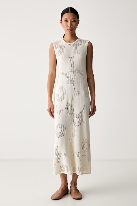 Marimekko sukienka sweterkowa lniana beżowa w kwiaty 095708