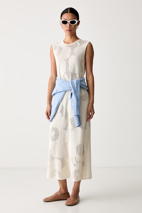 Marimekko sukienka sweterkowa lniana beżowa w kwiaty 095708
