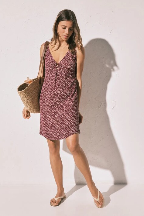 women'secret rochie de vară din vâscoză burgundă înflorată 4923682