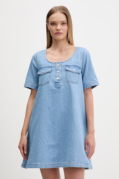 Tommy Jeans sukienka rozkloszowana jeansowa niebieska gładka DW0DW22567