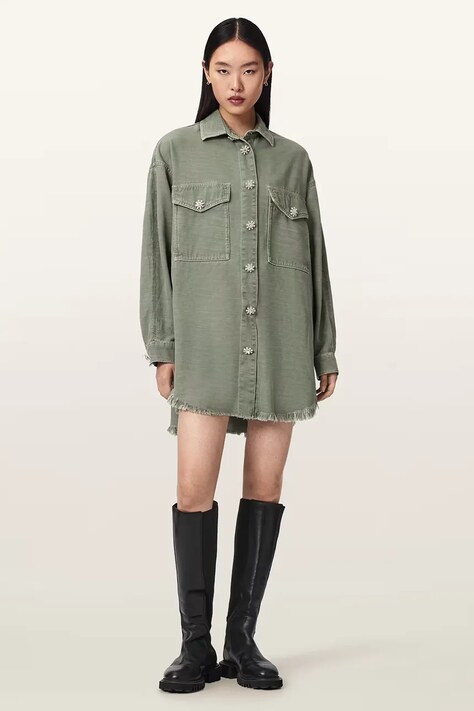 AllSaints sukienka koszulowa z lyocellem HETTIE zielona gładka W198DE
