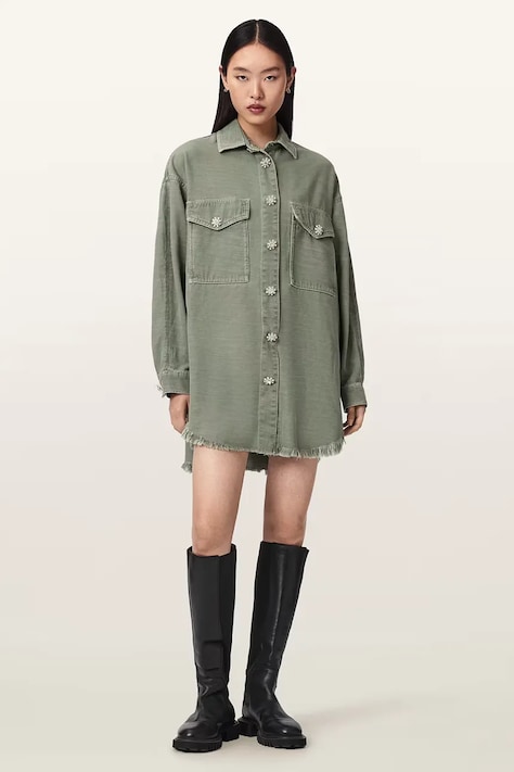 AllSaints sukienka koszulowa z lyocellem HETTIE zielona gładka W198DE