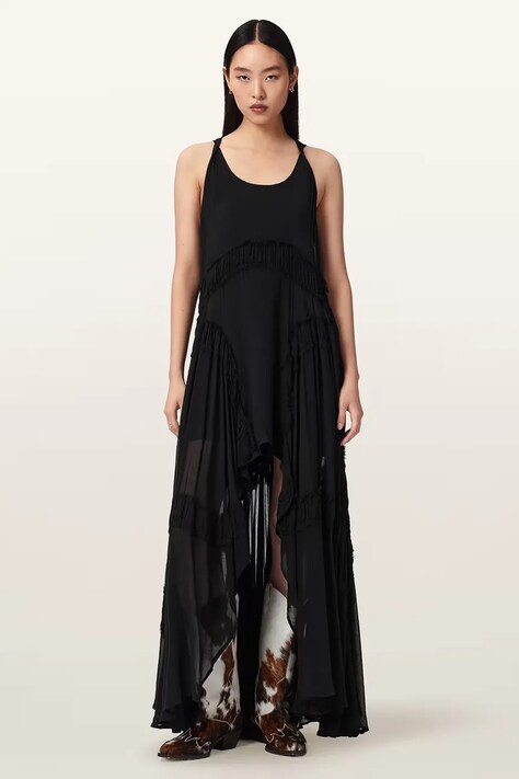 AllSaints sukienka asymetryczna z wiskozy DORINA czarna gładka W153DE