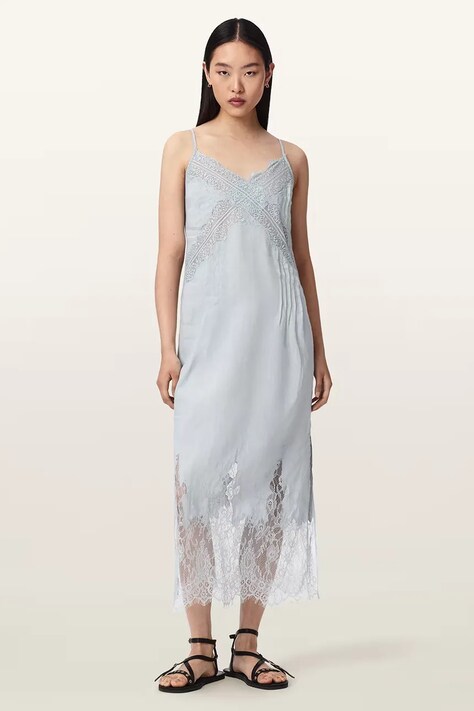 AllSaints sukienka bieliźniana lniana SAMIA niebieska gładka W103DE