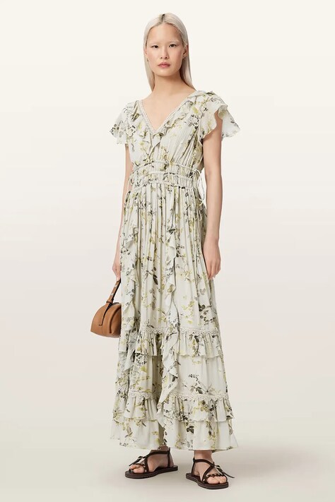 AllSaints sukienka letnia z wiskozy CANTO zielona w kwiaty W100DE