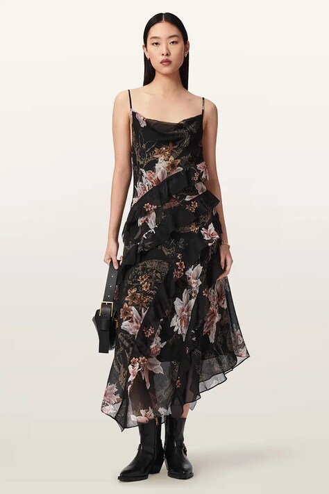 AllSaints sukienka asymetryczna z dodatkiem jedwabiu RUTH czarna w kwiaty W087DE
