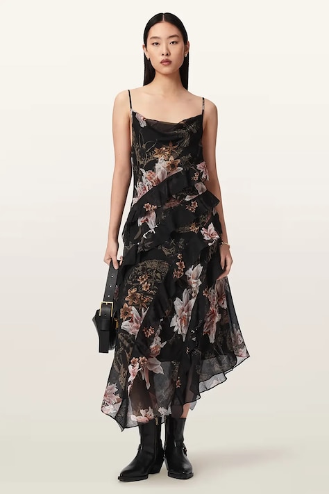 AllSaints rochie asimetrică cu amestec de mătase RUTH neagră înflorată