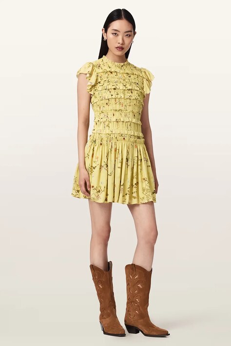 AllSaints sukienka letnia z modalu LAUREN żółta w kwiaty W083DE