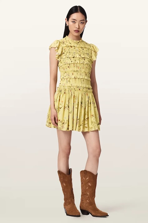 AllSaints letné šaty z modalu LAUREN žlté s kvetmi W083DE