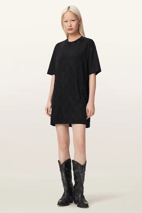 AllSaints sukienka oversize bawełniana DARCY czarna gładka W038DF