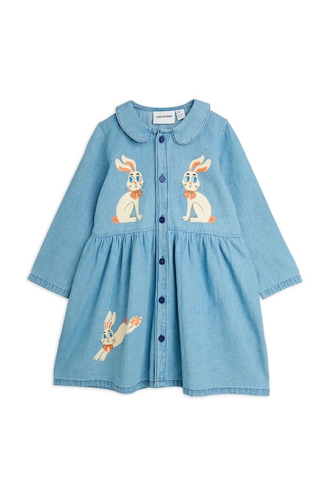 Mini Rodini Sukienka jeansowa Rabbits niebieska z nadrukiem 26750123