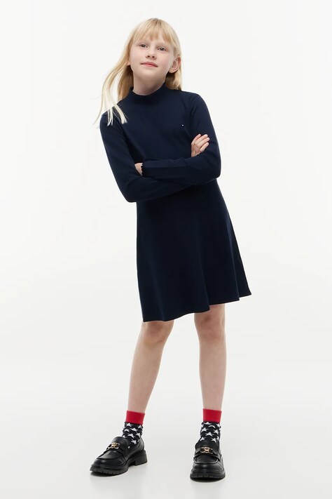 Tommy Hilfiger Sukienka rozkloszowana bawełniana z elastanem granatowa gładka KG0KG09701