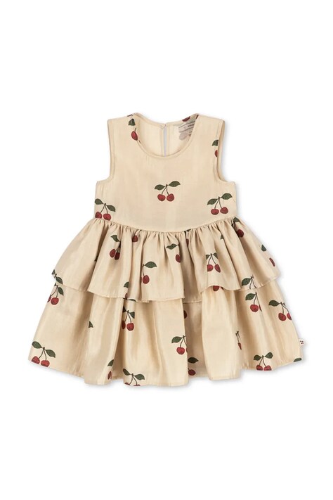 Konges Sløjd Sukienka rozkloszowana FANYA CHERRY DRESS beżowa z motywem owoców KS106013