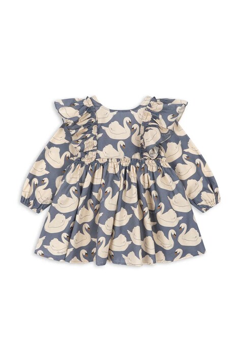 Konges Sløjd Sukienka rozkloszowana bawełniana EVIA LS BOW DRESS GOTS niebieska z nadrukiem KS105988