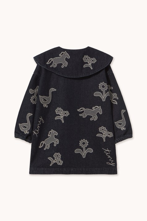 Tinycottons Sukienka bawełniana HORSES & FLOWERS DENIM DRESS czarna z motywem zwierzęcym AW26-189