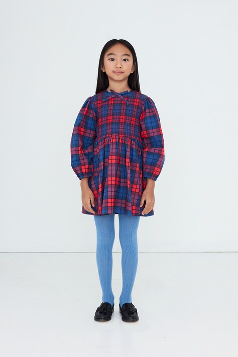 Tinycottons Sukienka rozkloszowana bawełniana CHECK DRESS granatowa w kratkę AW26-223