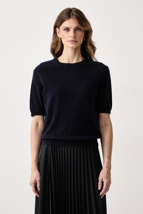 Haveone Sweter z krótkim rękawem damski z kaszmirem granatowy MNC.R095
