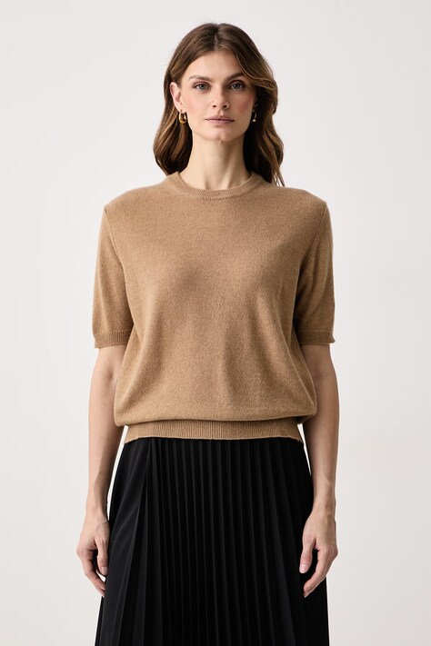 Haveone Sweter z krótkim rękawem damski z kaszmirem beżowy MNC.R095