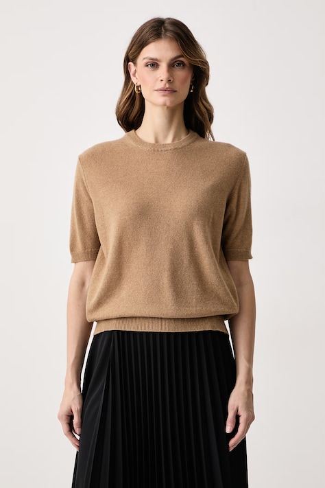 Haveone Sweter z krótkim rękawem damski z kaszmirem beżowy MNC.R095