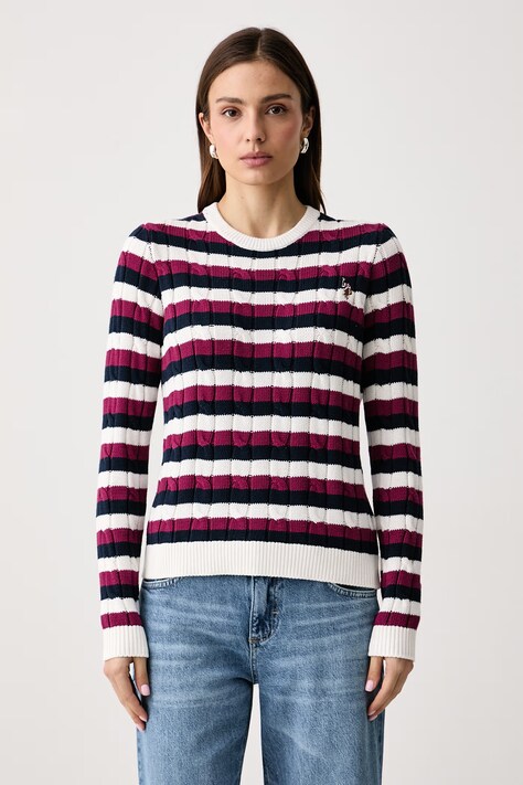 U.S. Polo Assn. Sweter damski bawełniany Stripe Crew Neck Cable biały WUP1582