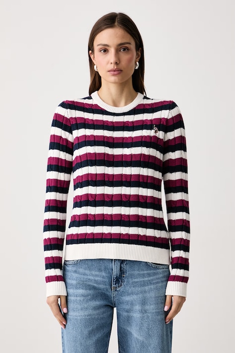 U.S. Polo Assn. Sweter damski bawełniany Stripe Crew Neck Cable biały WUP1582