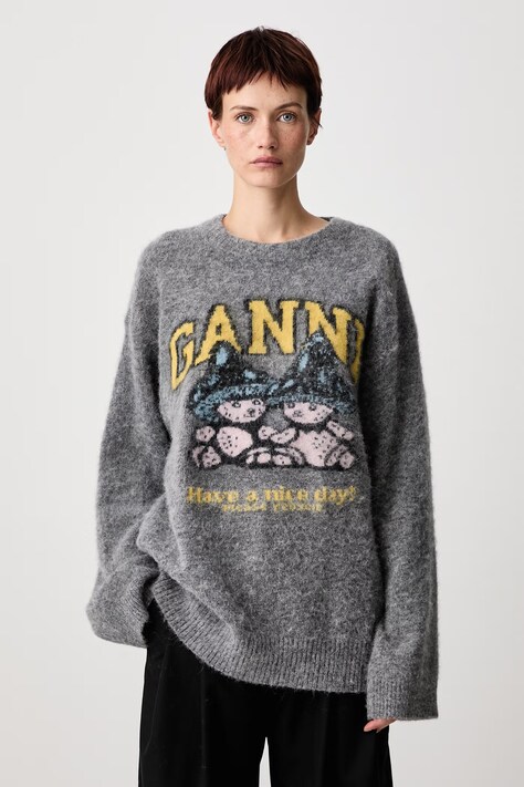GANNI Mushroom Teddy sweter z wełną damski szary A1150056