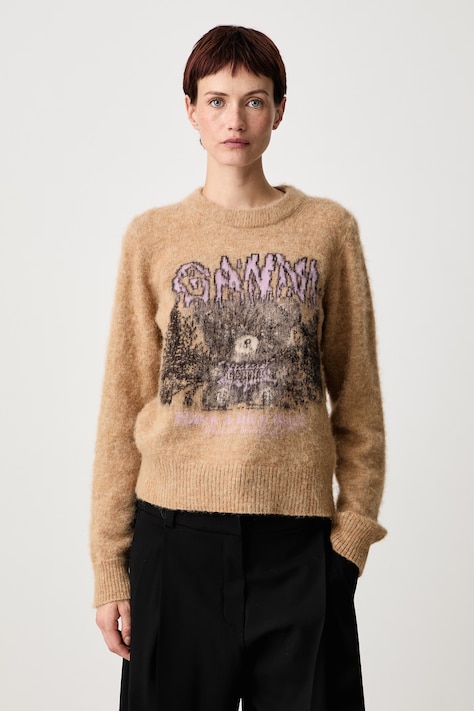 GANNI Teddy sweter z wełną damski brązowy A1150055