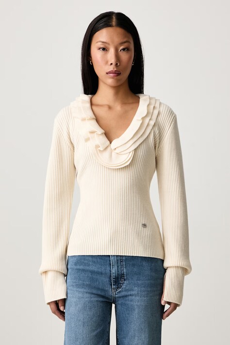 GANNI Ribbed Frill sweter z wełną merino damski beżowy A1040528