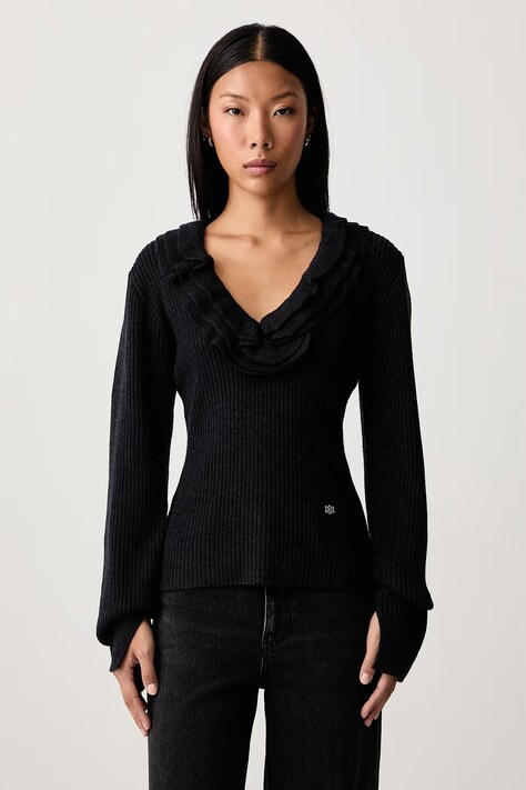 GANNI Ribbed Frill sweter z wełną merino damski szary A1040528