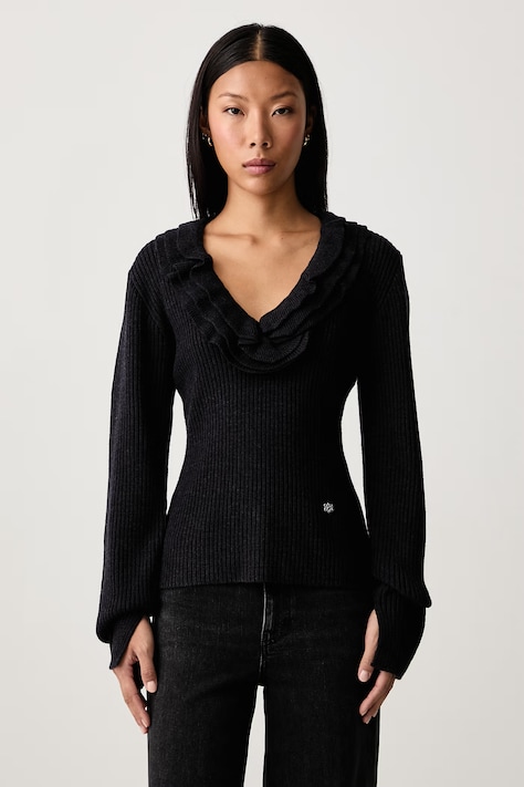 GANNI Ribbed Frill sweter z wełną merino damski szary A1040528