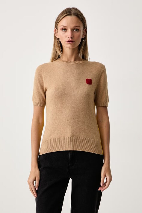Max&Co. T-shirt swetrowy damski bawełniany z elastanem CHENZIA beżowy 2626366013200