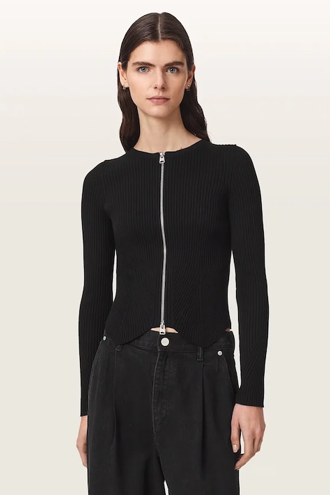 AllSaints Kardigan damski z wiskozą CRUZ ZIP czarny W036KF