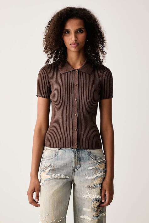 Miss Sixty Sweter rozpinany damski z dodatkiem lnu brązowy 6M3RJ02400