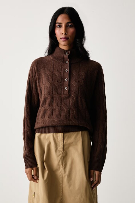 Tommy Hilfiger Pulover za žene od vune smeđi WW0WW52189