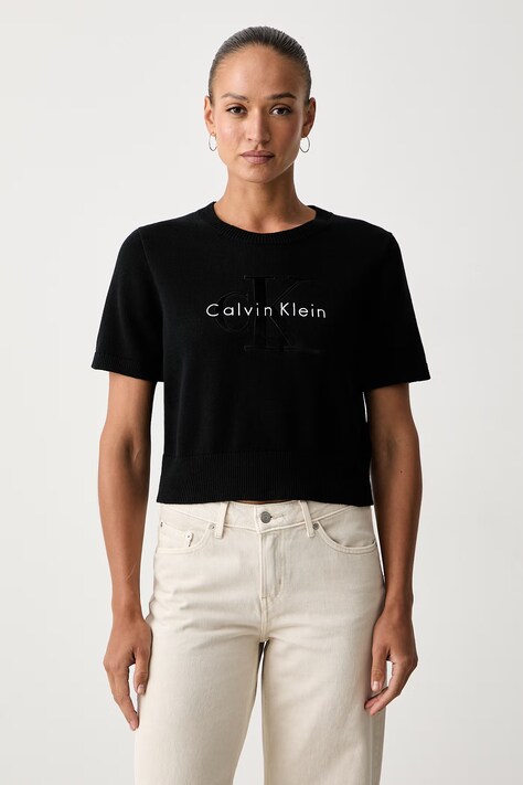 Calvin Klein Jeans тениска тип пуловер дамска от памук черна LV047H300G