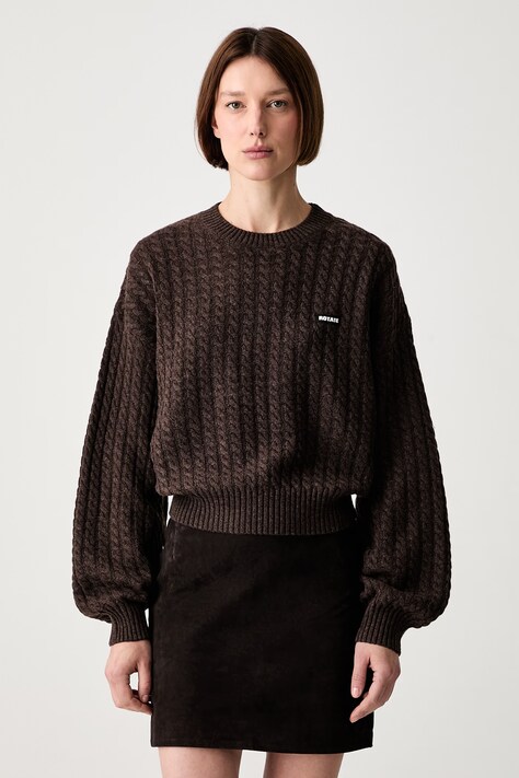 Rotate CABLE CREWNECK sweter wełniany damski brązowy 1164372037
