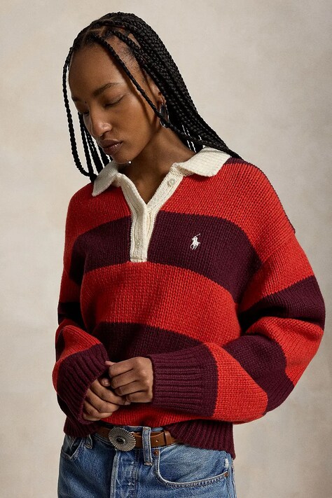 Polo Ralph Lauren WOOL RWS-SWEATER-RUGBY sweter z wełną damski bordowy 211B17752002
