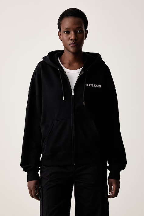 Guess Jeans mikina na zips s kapucňou dámska bavlnená čierna W6YQ10 K3872