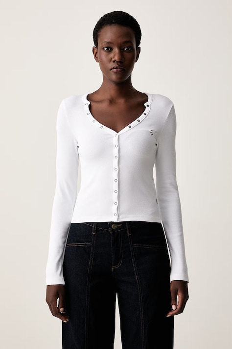 Guess Jeans μακρυμάνικο γυναικείο βαμβακερό με ελαστάν λευκό W6YP03 K3647