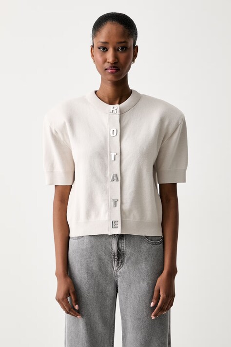 Rotate sweter z krótkim rękawem damski z bawełną beżowy 1161862690