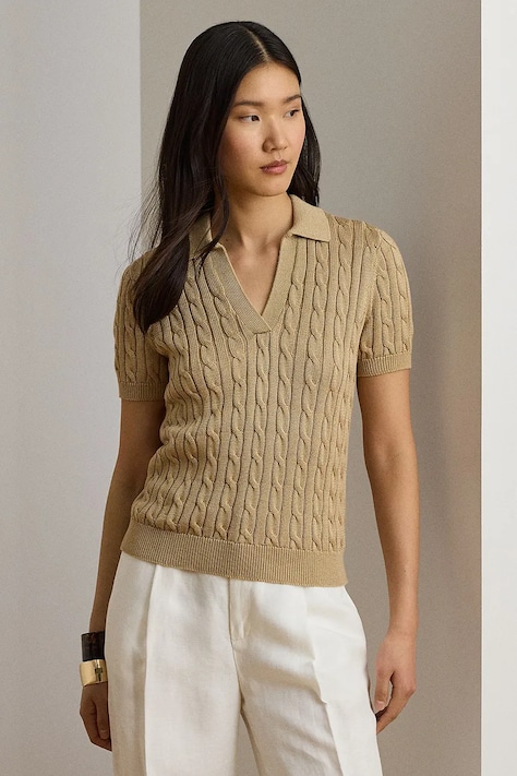 Lauren Ralph Lauren sweter z krótkim rękawem damski z wiskozą beżowy 200P14041