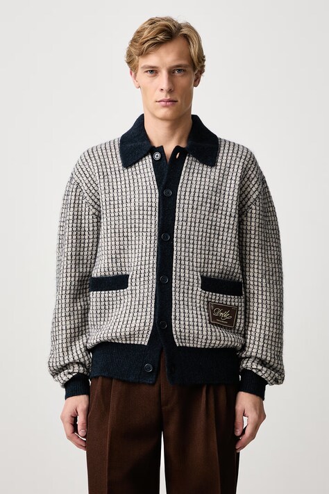 Drôle de Monsieur Kardigan męski z wełną Waffle Drule Patch granatowy M-CA191-WO018