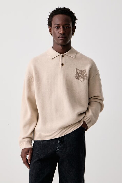 Maison Kitsuné Fox Head sweter wełniany męski beżowy MRMKL00KM0329