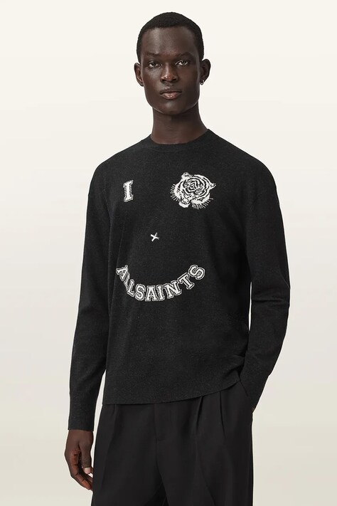 AllSaints Sweter męski z wełną GRINNER CREW czarny M023KF