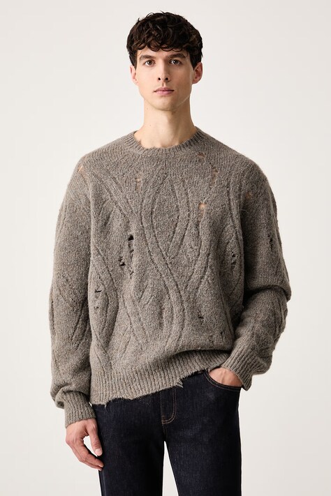 AllSaints Svetr pánský s merino vlnou NIKO hnědý M011KF