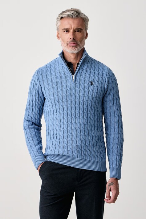 U.S. Polo Assn. Πουλόβερ ανδρικό βαμβακερό CLASSIC COTTON CABLE KNIT 1/4 ZIP FUNNEL μπλε MUP5411